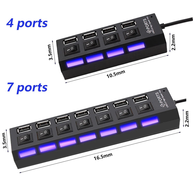 Hub USB 2.0 com 4 ou 7 Portas – Expansão com Interruptor Independente para Cada Porta