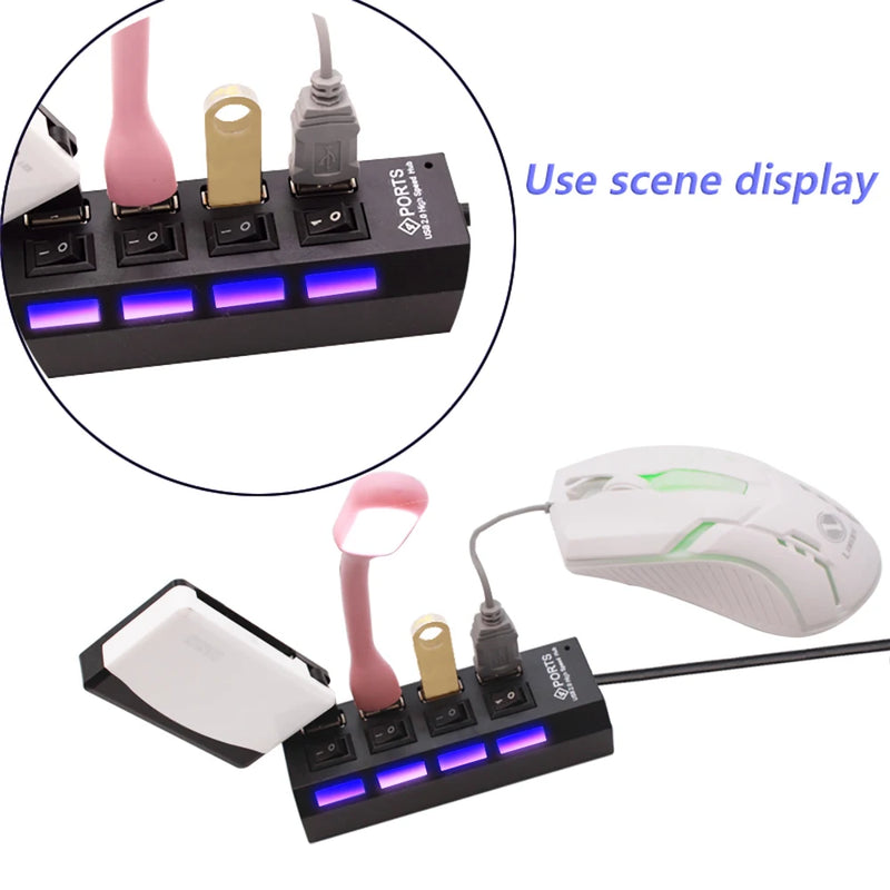 Hub USB 2.0 com 4 ou 7 Portas – Expansão com Interruptor Independente para Cada Porta