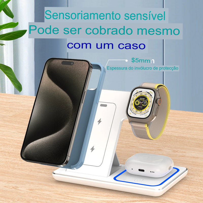Carregador 3 em 1 Dobrável 30W Fast Charge – Wireless para iPhone + Apple Watch + AirPods Pro